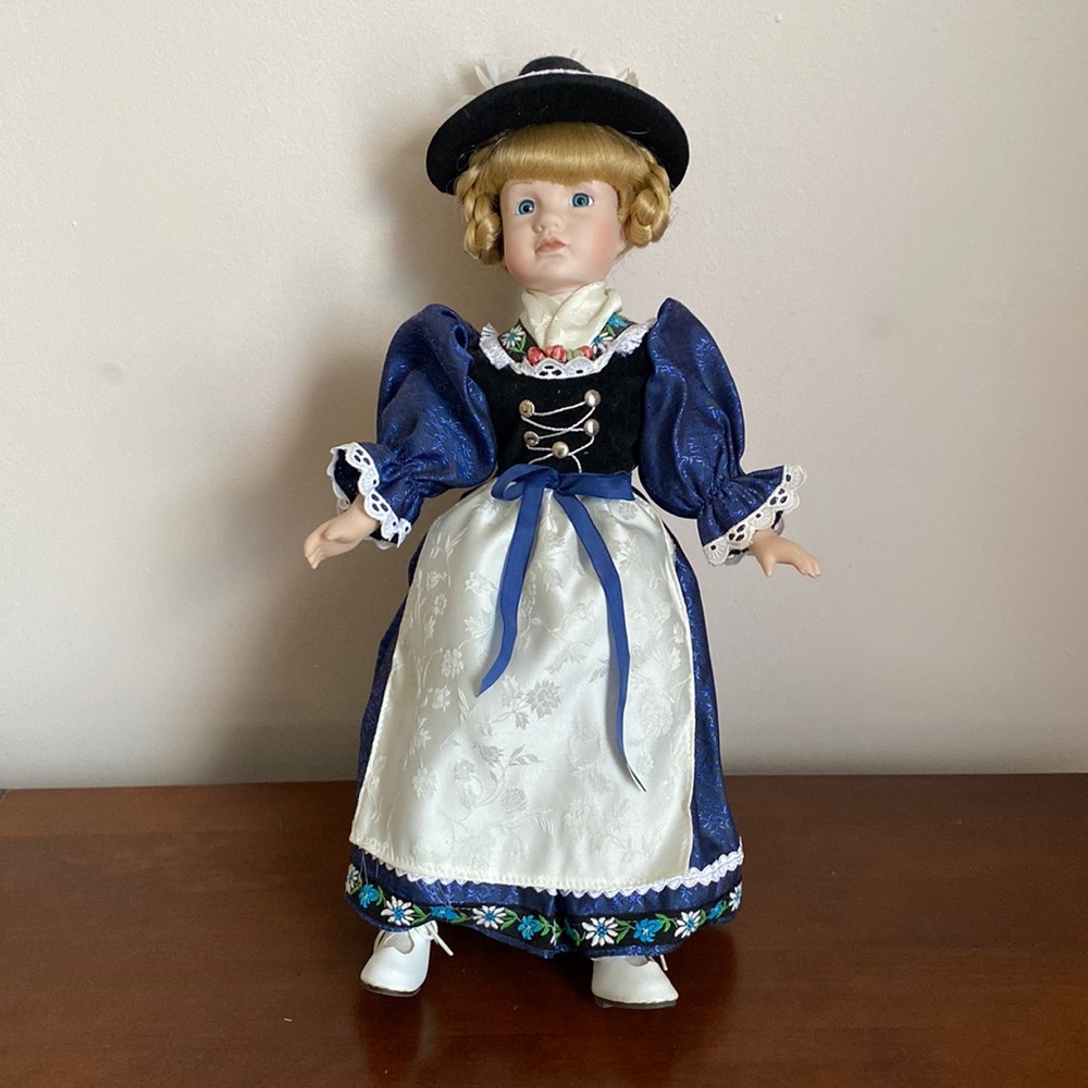 German Porcelain Doll with Blue & White Dress